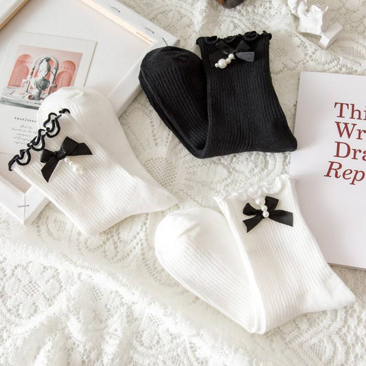 Premium Women’s Ribbed Slouch Socks with Cute Bow Tie – Soft Knit Loose Fit Crew Socks