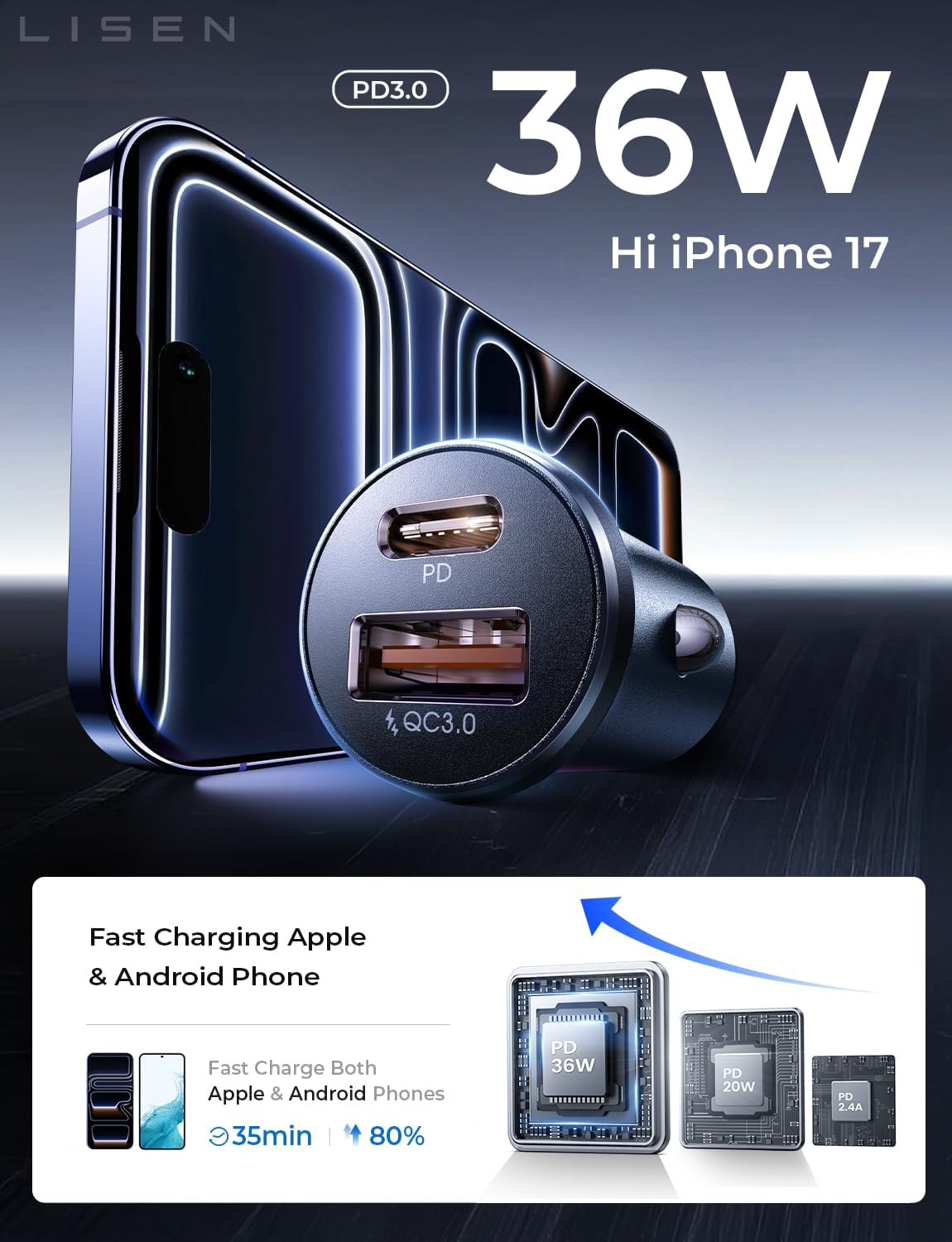 1 Pcs USB Type C Charger for Xiaomi Samsung Huawei iPhone Power 100W/200W QC3.0 PD Mini Car Charger 12-24V Lighter Fast Charging Car