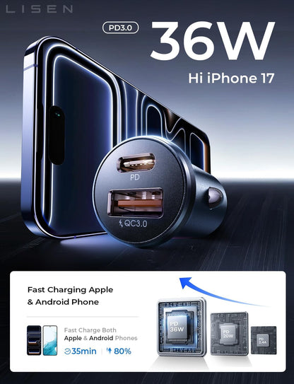 1 Pcs USB Type C Charger for Xiaomi Samsung Huawei iPhone Power 100W/200W QC3.0 PD Mini Car Charger 12-24V Lighter Fast Charging Car